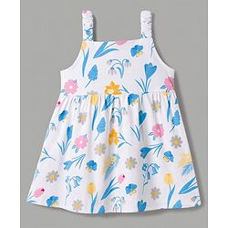 Babyhug Single Jersey Knit Half Sleeves Floral Printed & Bow Applique Frock With Shrug - White