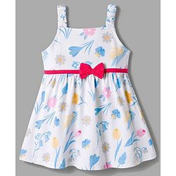 Babyhug Single Jersey Knit Half Sleeves Floral Printed & Bow Applique Frock With Shrug - White