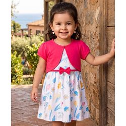 Babyhug Single Jersey Knit Half Sleeves Floral Printed & Bow Applique Frock With Shrug - White