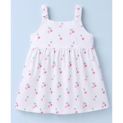 Babyhug Single Jersey Knit Half Sleeves Cherry Printed Frock With Shrug & Bow Applique - White & Pink