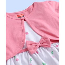 Babyhug Single Jersey Knit Half Sleeves Cherry Printed Frock With Shrug & Bow Applique - White & Pink
