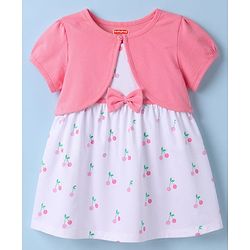 Babyhug Single Jersey Knit Half Sleeves Cherry Printed Frock With Shrug & Bow Applique - White & Pink