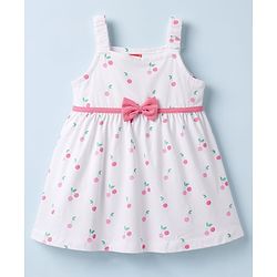 Babyhug Single Jersey Knit Half Sleeves Cherry Printed Frock With Shrug & Bow Applique - White & Pink