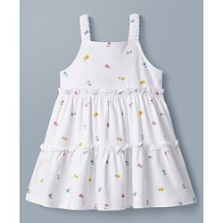 Babyhug Single Jersey Knit Half Sleeves Shrug With Floral Printed & Tiered Frock - White