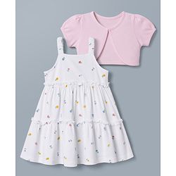 Babyhug Single Jersey Knit Half Sleeves Shrug With Floral Printed & Tiered Frock - White