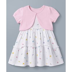Babyhug Single Jersey Knit Half Sleeves Shrug With Floral Printed & Tiered Frock - White