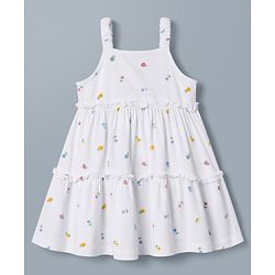 Babyhug Single Jersey Knit Half Sleeves Shrug With Floral Printed & Tiered Frock - White