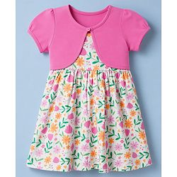 Babyhug Cotton Single Jersey Knit Half Sleeves Floral Printed Frock with Shrug - White