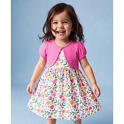 Babyhug Cotton Single Jersey Knit Half Sleeves Floral Printed Frock with Shrug - White