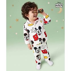 Babyhug Disney 100% Cotton Knit Full Sleeves Co-Ords Shirt & Pyjama Night Suit With Mickey Mouse Graphic - White