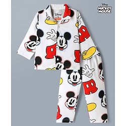 Babyhug Disney 100% Cotton Knit Full Sleeves Co-Ords Shirt & Pyjama Night Suit With Mickey Mouse Graphic - White