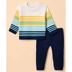 Babyhug Knit Full Sleeves Sweater and Pant Set with Stripes - Blue