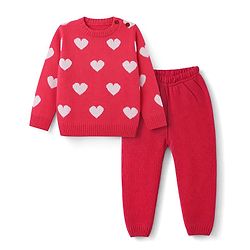 Babyhug Knit Full Sleeves Sweater Set With Heart Design  - Red