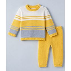 Babyhug Knit Full Sleeves Sweater and Pant Set with Stripes - Blue, Yellow