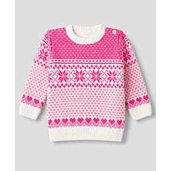 Babyhug Knit Full Sleeves Sweater Set With Floral Design - Pink