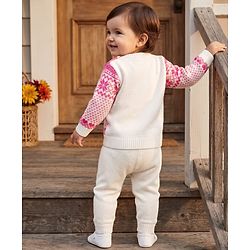 Babyhug Knit Full Sleeves Sweater Set With Floral Design - Pink