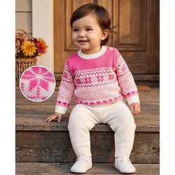 Babyhug Knit Full Sleeves Sweater Set With Floral Design - Pink