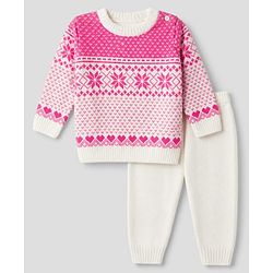 Babyhug Knit Full Sleeves Sweater Set With Floral Design - Pink
