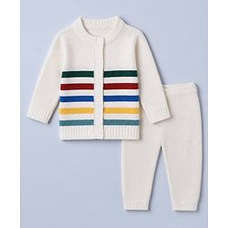 Babyhug Knit Full Sleeves Front Open Sweater and Pant Set with Stripes - White