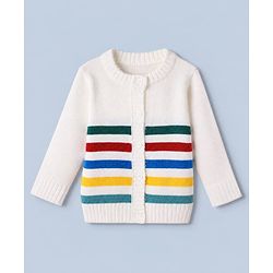 Babyhug Knit Full Sleeves Front Open Sweater and Pant Set with Stripes - White