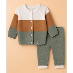 Babyhug Knit Full Raglan Sleeves Front Open Sweater and Pant Set with Color Block - Green Yellow