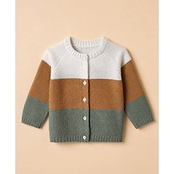 Babyhug Knit Full Raglan Sleeves Front Open Sweater and Pant Set with Color Block - Green Yellow