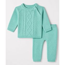 Babyhug Knit Full Raglan Sleeves Sweater & Pant Set with Cable Knit - Blue