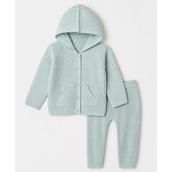 Babyhug Knit Full Sleeves Hooded Sweater & Pant Set with Cable Knit - Aqua Blue