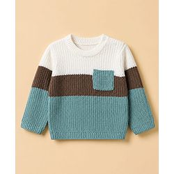 Babyhug Knit Full Sleeves Sweater & Pant Set with Color Block - Blue