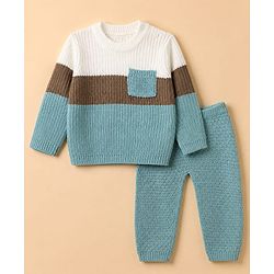 Babyhug Knit Full Sleeves Sweater & Pant Set with Color Block - Blue
