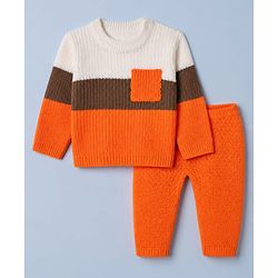 Babyhug Knit Full Sleeves Hooded Sweater & Pant Set with Cable Knit - Orange