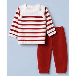Babyhug Knit Full Raglan Sleeves Striped Sweater & Pant Set - Dark Red, White