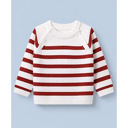 Babyhug Knit Full Raglan Sleeves Striped Sweater & Pant Set - Dark Red, White