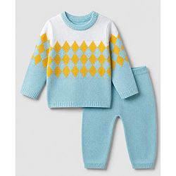Babyhug Knit Full Sleeves Sweater & Pant Set with Argyle Embroidery - Blue