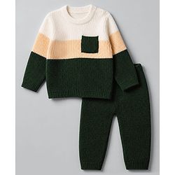 Babyhug Knit Full Sleeves Sweater & Pant Set with Color Block - Green