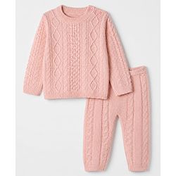 Babyhug Knit Full Sleeves Sweater and Pant Set with Cable Knit Design - Peach