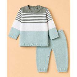 Babyhug Knit Full Sleeves Sweater and Pant Set with Stripes & Color Block - Light Blue