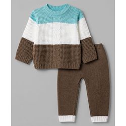 Babyhug Knit Full Sleeves Sweater and Pant Set with Cable Knit Design & Color Block - Beige &, Blue