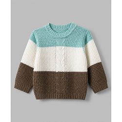 Babyhug Knit Full Sleeves Sweater and Pant Set with Cable Knit Design & Color Block - Beige &, Blue