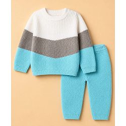 Babyhug Knit Full Sleeves Sweater and Pant Set with Color Block - Blue