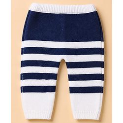 Babyhug Knit Full Sleeves Front Open Sweater and Pant Set with Stripes - White, Navy Blue