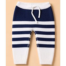 Babyhug Knit Full Sleeves Front Open Sweater and Pant Set with Stripes - White, Navy Blue