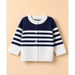 Babyhug Knit Full Sleeves Front Open Sweater and Pant Set with Stripes - White, Navy Blue