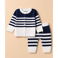 Babyhug Knit Full Sleeves Front Open Sweater and Pant Set with Stripes - White, Navy Blue