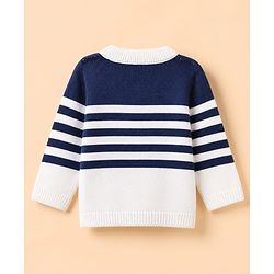 Babyhug Knit Full Sleeves Front Open Sweater and Pant Set with Stripes - White, Navy Blue