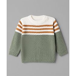 Babyhug Knit Full Sleeves Sweater and Pant Set with Stripes - Mustard, Green
