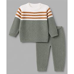 Babyhug Knit Full Sleeves Sweater and Pant Set with Stripes - Mustard, Green