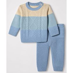 Babyhug Knit Full Sleeves Sweater and Pant Set with Color Block & Cable Knit - Blue
