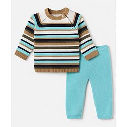 Babyhug Knit Full Sleeves Sweater and Pant Set with Stripes - Blue