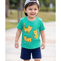 Babyhug Single Jersey Knit Half Sleeves Cub Printed T-Shirt & Shorts Set - Mint